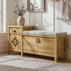 Entryway Bench with Storage, 3 in 1 Storage Bench with 1 Drawer and 2 Cubbies, 44" Rustic Wooden Seat with Cushion for Living Room, Bedroom, Entry Hall (Natural)