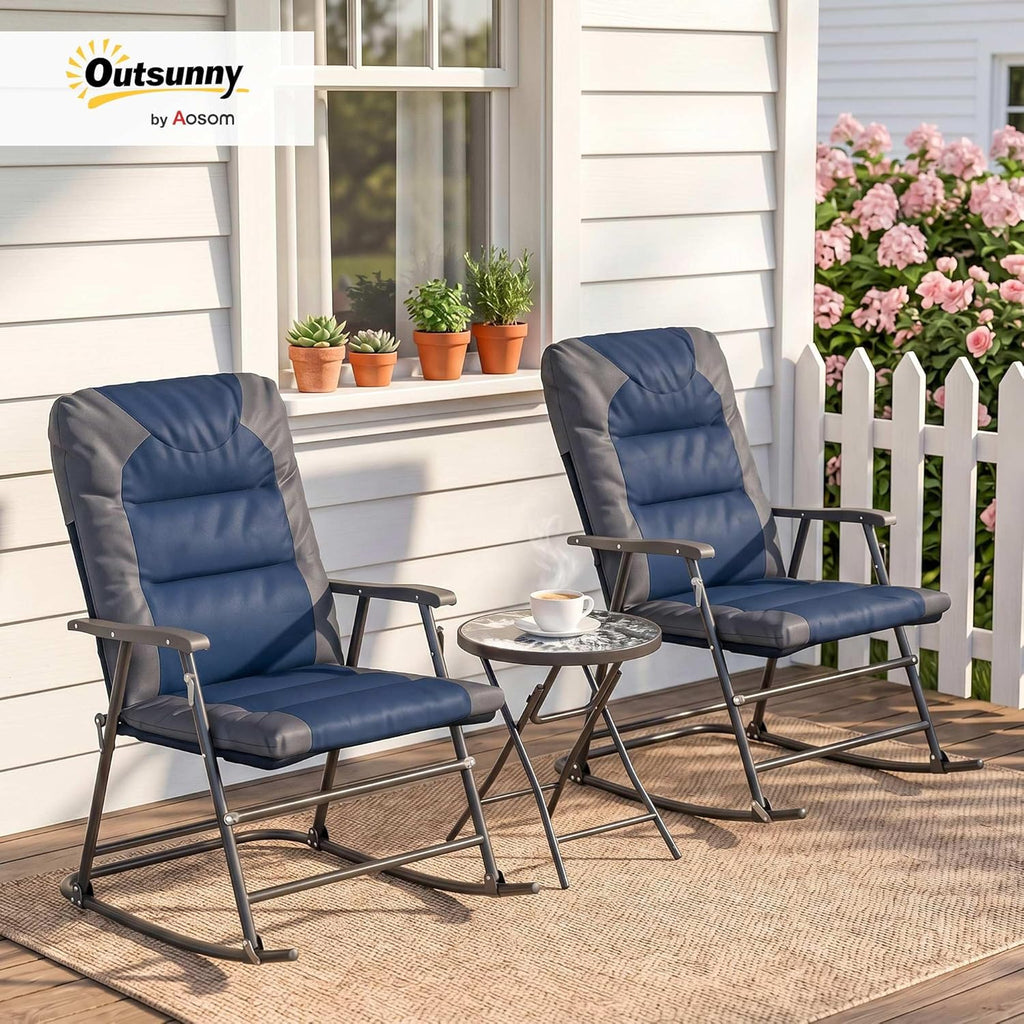 Outsunny 3 Piece Outdoor Patio Furniture Set with Glass Coffee Table & 2 Folding Padded Rocking Chairs, Bistro Style for Porch, Camping, Balcony, Navy Blue
