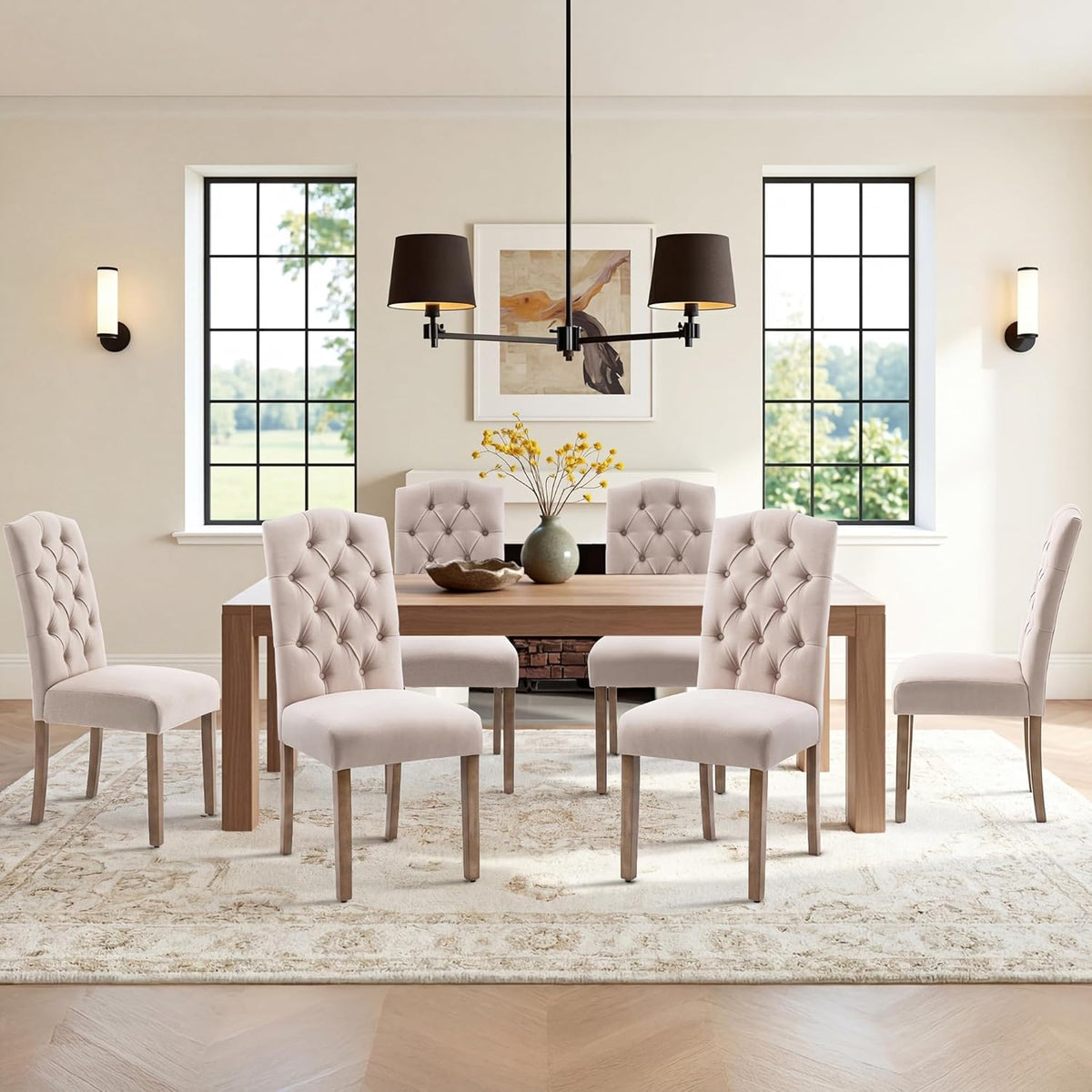 Tufted Upholstered Parsons Dining Chair Set Fabric Diner Accent Stylish Modern Kitchen Living Room with Button Sturdy Solid Wood Legs, 2-Pack