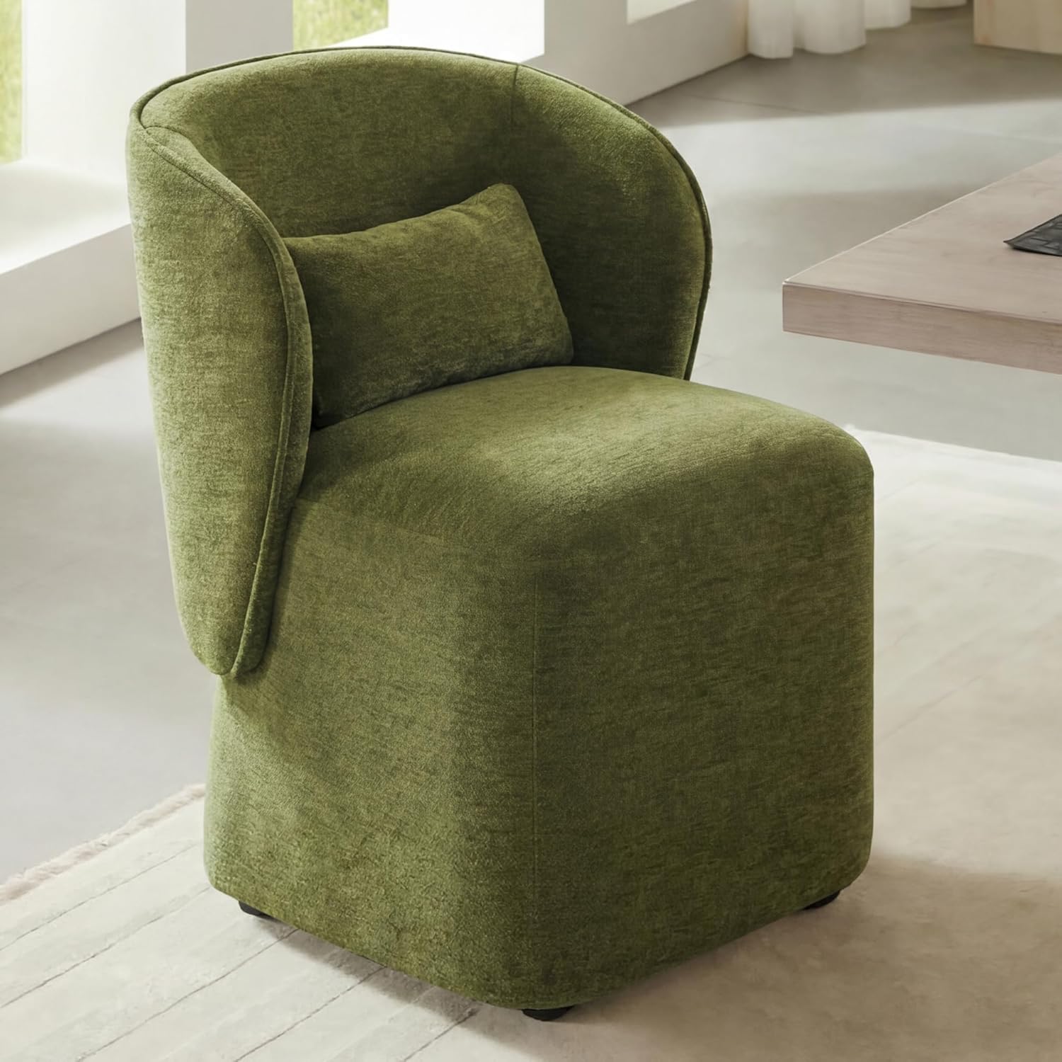 KISLOT Upholstered Dining Chairs with Wheels, Easy Assembly Stain Resistant Fabric Modern Barrel Armchair with Lumbar Cushion, Dining Room Chairs for Kitchen Living Room Bedroom, Green, Set of 4
