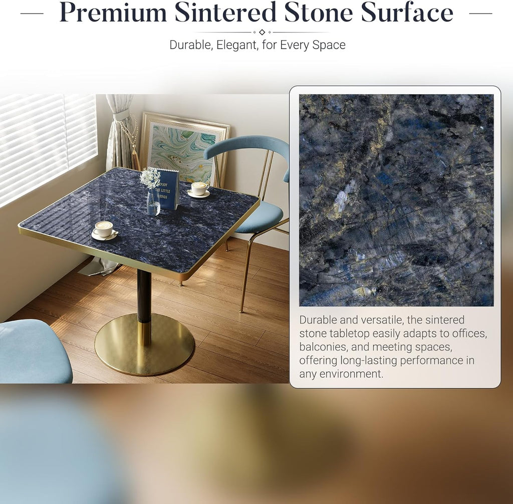 31.5'' Tulip Table, Square Pedestal Dining Table with Sintered Stone Tabletop, Gold Aluminum Alloy Edge & Base, Bistro Table for 2-4 Person for Kitchen/Cafe/Small Spaces/Restaurant (Sapphire Galaxy)