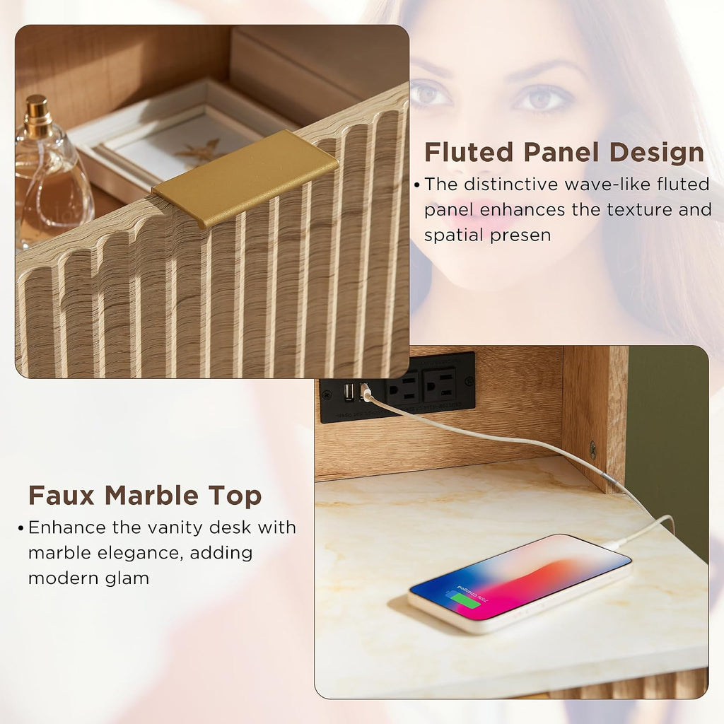 T4TREAM 48" Fluted Makeup Vanity Desk with 36" Lighted Mirror, Oak | Smart LED Mirror, Visible Glass Top, 5 Drawers & Adjustable Shelves, Charging Station, Bedroom Makeup Storage