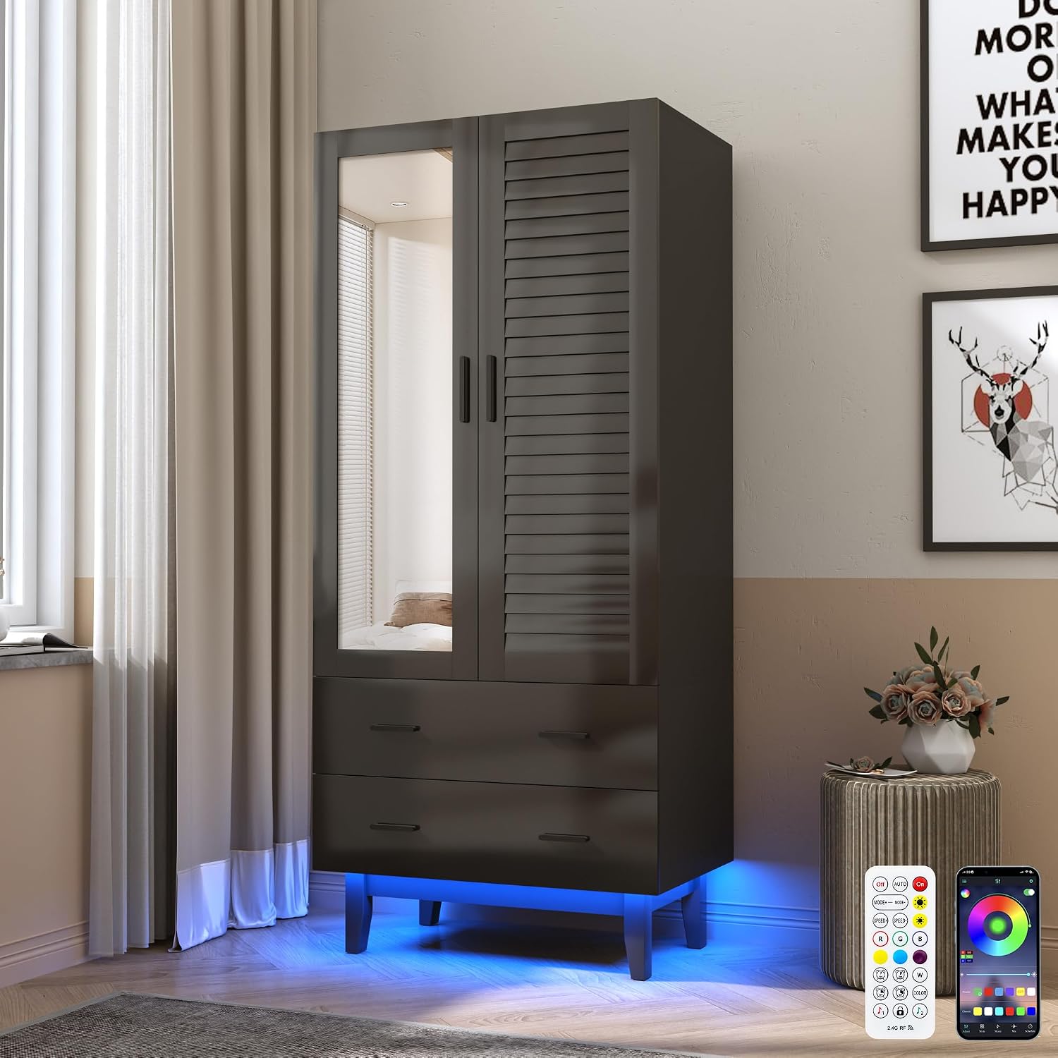 Hlivelood 2 Door Armoire Wardrobe Closet Cabinet with Mirror, Drawers and LED Lights, Multi-Tier Shelves, Hanging Rod & 2 Louver Doors, Large Capacity Storage Wardrobe Armoire for Bedroom, Black