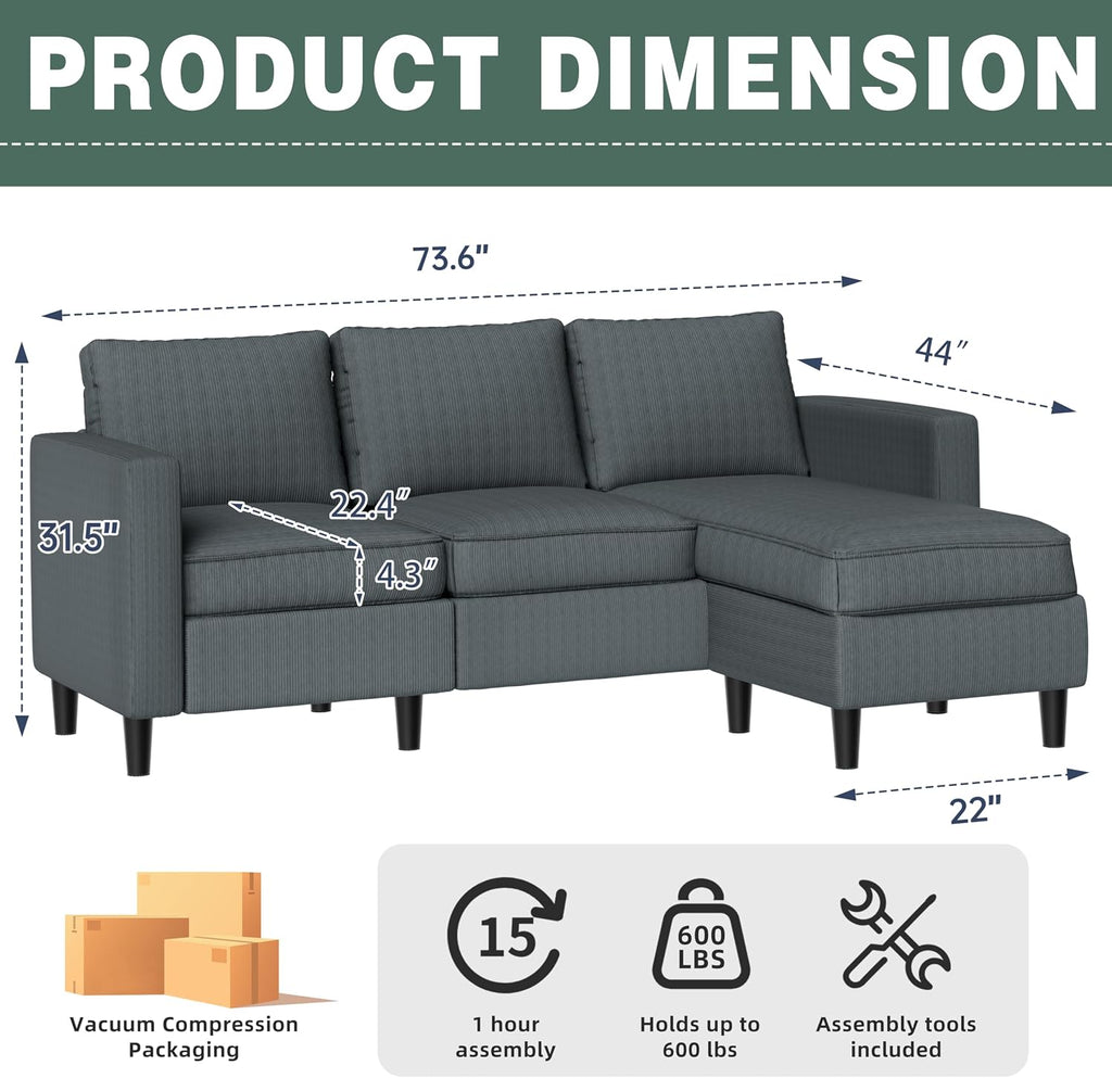 SUNLEI L-Shaped Sectional Couch, Modern Grey Reversible Sectional Sofa with Reversible Ottoman, 3-Seat Sectional Couches for Living Room and Apartment, Grey