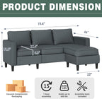 SUNLEI L-Shaped Sectional Couch, Modern Grey Reversible Sectional Sofa with Reversible Ottoman, 3-Seat Sectional Couches for Living Room and Apartment, Grey