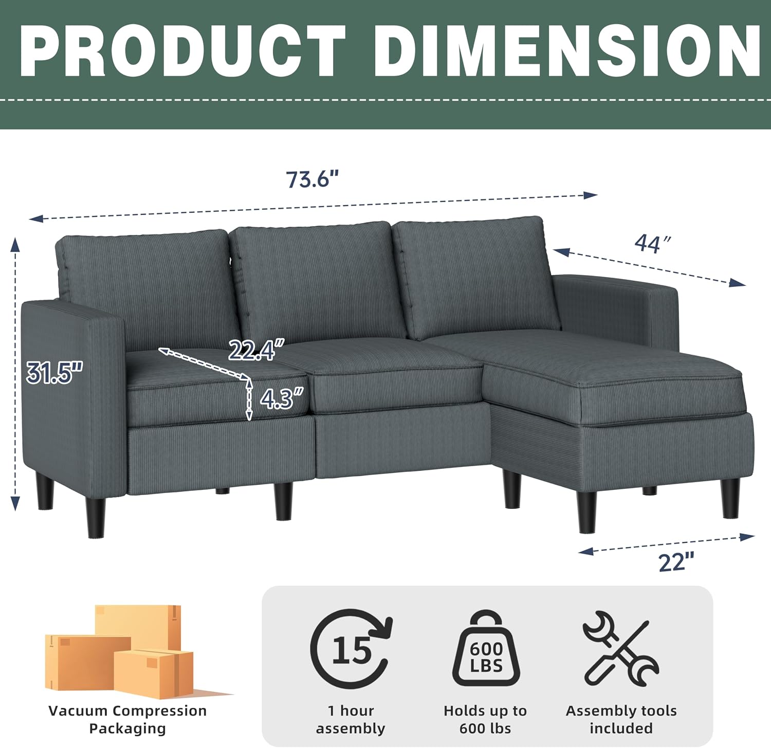 SUNLEI L-Shaped Sectional Couch, Modern Grey Reversible Sectional Sofa with Reversible Ottoman, 3-Seat Sectional Couches for Living Room and Apartment, Grey