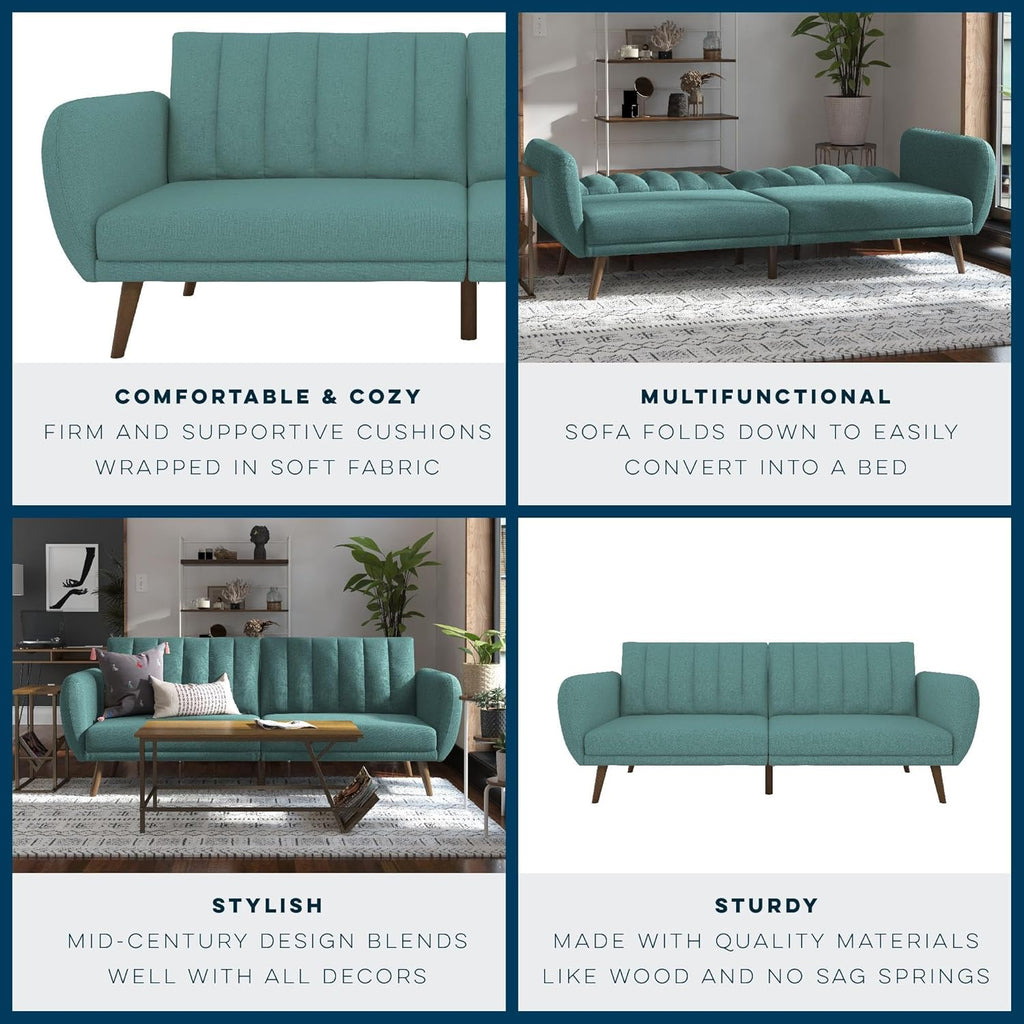 Novogratz Brittany 82 Inch Futon Sofa Bed in Faux Leather, Upholstered Couch Sleeper with Tufted Back, Mid-Century Modern Design, Teal
