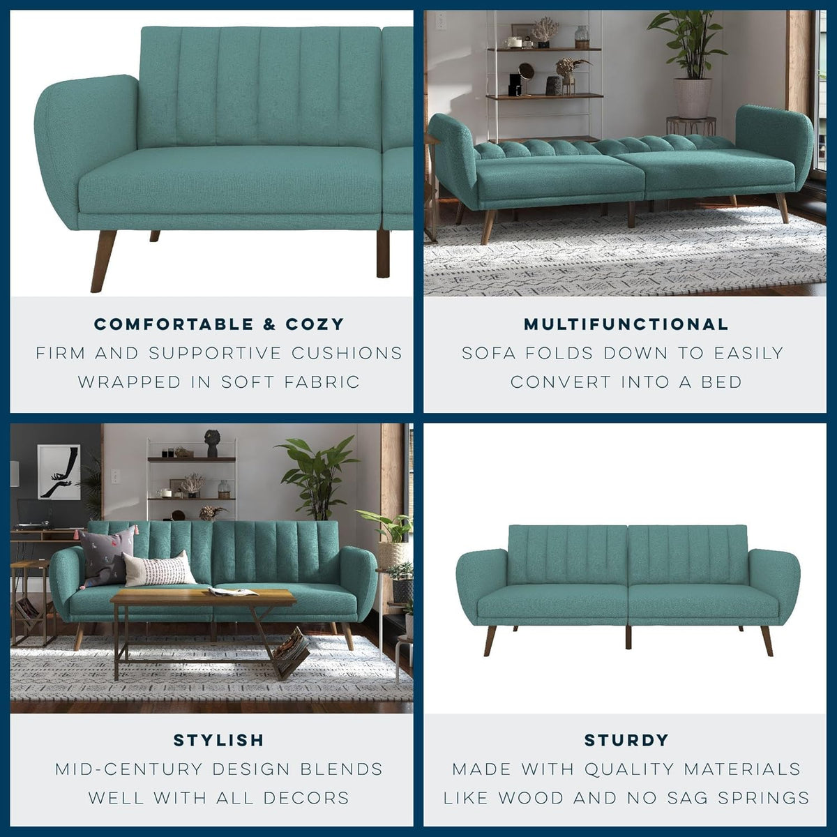 Novogratz Brittany 82 Inch Futon Sofa Bed in Faux Leather, Upholstered Couch Sleeper with Tufted Back, Mid-Century Modern Design, Teal