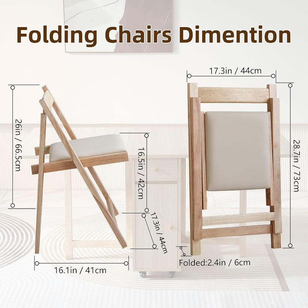 COMUHOME Wood Drop Leaf Folding Dining Table with 2 Drawers and 4 Wheels, Wooden Padded Dining Chairs Set of 4, Space Saving Dining Table with 4 Chairs for Living Room Kitchen Farmhouse
