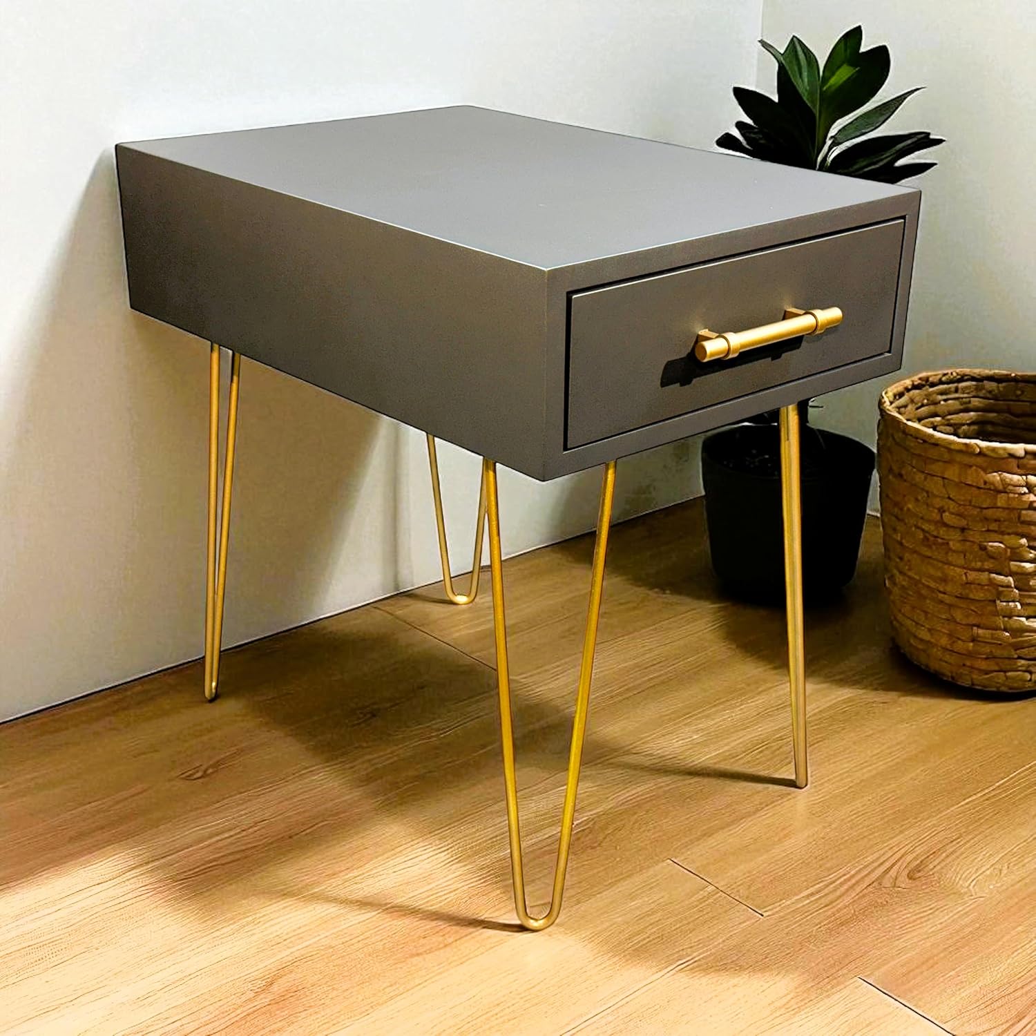 Modern Side Table/Nightstand with Drawer in Gunmetal, with Brass Finish Pull and Hairpin Legs. Every Product is Handmade in The USA. (Gunmetal)