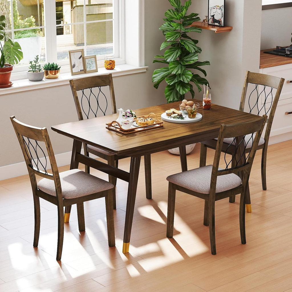 Giantex Dining Chairs Set of 4, Fabric Upholstered Armless Kitchen Chairs w/Hollowed Backrest, Padded Seat, Rubber Wood Frame, Farmhouse Side Chairs for Living Room Restaurant, Rustic Brown