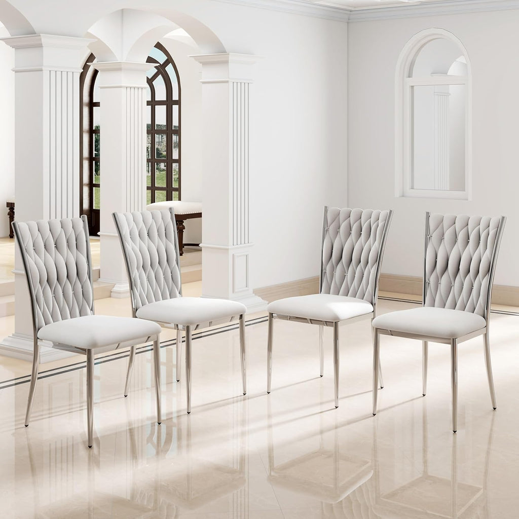 Modern Dining Chairs Set of 4, Light Grey Velvet Woven Kitchen Chair with Silver Metal Legs, Upholstered Cushion & High Back Design, Mid-Century Dining Chairs for Kitchen, Living Room