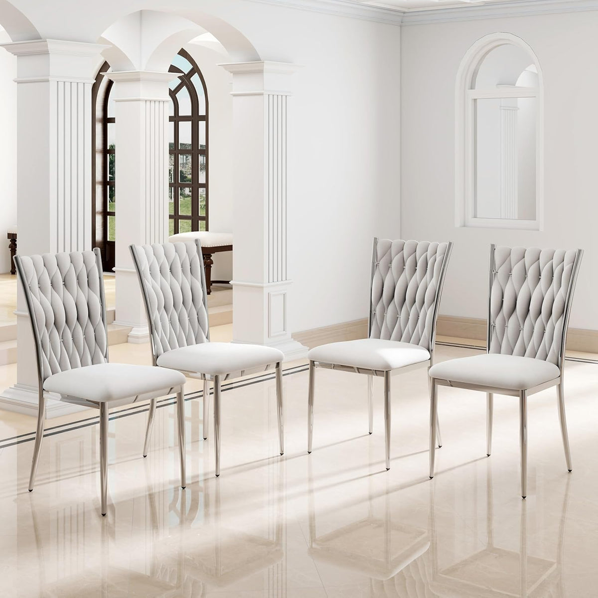 Modern Dining Chairs Set of 4, Light Grey Velvet Woven Kitchen Chair with Silver Metal Legs, Upholstered Cushion & High Back Design, Mid-Century Dining Chairs for Kitchen, Living Room