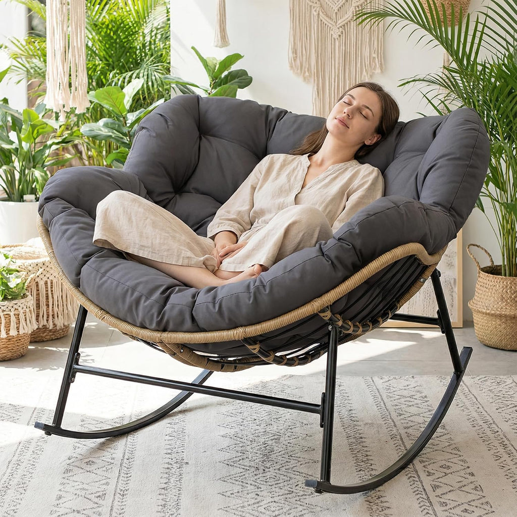 NICESOUL Outdoor Papasan Rocking Chair with Cushion, All-Weather Patio Egg Rocker, Oversized Rattan Glider for Reading & Relaxing, Large Comfy Recliner Lounge Chairs for Balcony Garden Backyard, Grey