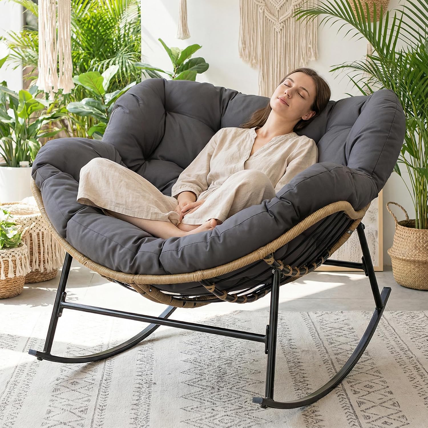 NICESOUL Outdoor Papasan Rocking Chair with Cushion, All-Weather Patio Egg Rocker, Oversized Rattan Glider for Reading & Relaxing, Large Comfy Recliner Lounge Chairs for Balcony Garden Backyard, Grey
