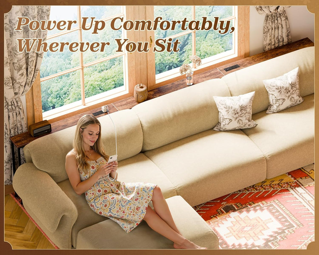 SUPERJARE 110.2 Inch Sofa Table with 2 Power Outlets and USB-C Port | 5.9 Inch Narrow Console Table with Storage, Extra-Long, for Entryway Hallway Couch Behind Sofa, Small Spaces, Rustic Brown