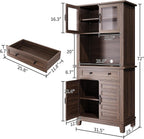 Garvee 72" Tall Kitchen Pantry Cabinet with Hutch and Microwave Stand | Freestanding Food Pantry Hutch with Adjustable Shelves, Glass Doors And Drawers for Dining Room, Living Room, Brown
