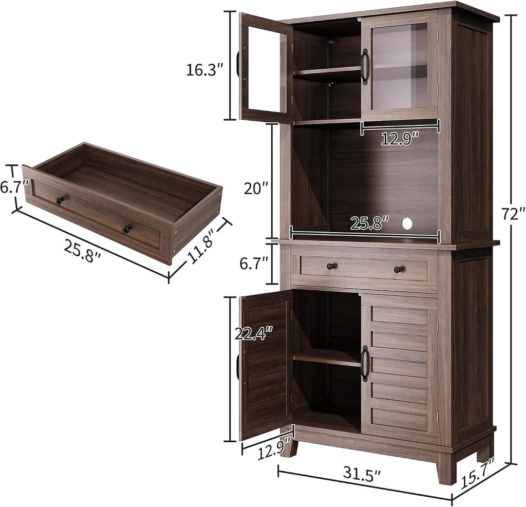 GarveeHome 72 in Tall Kitchen Pantry Cabinet, Kitchen Hutch Bar Cabinet with Microwave Stand, Cupboard with Drawers & 2 Glass Doors for Dining Room, Living Room, Kitchen, Dark Brown