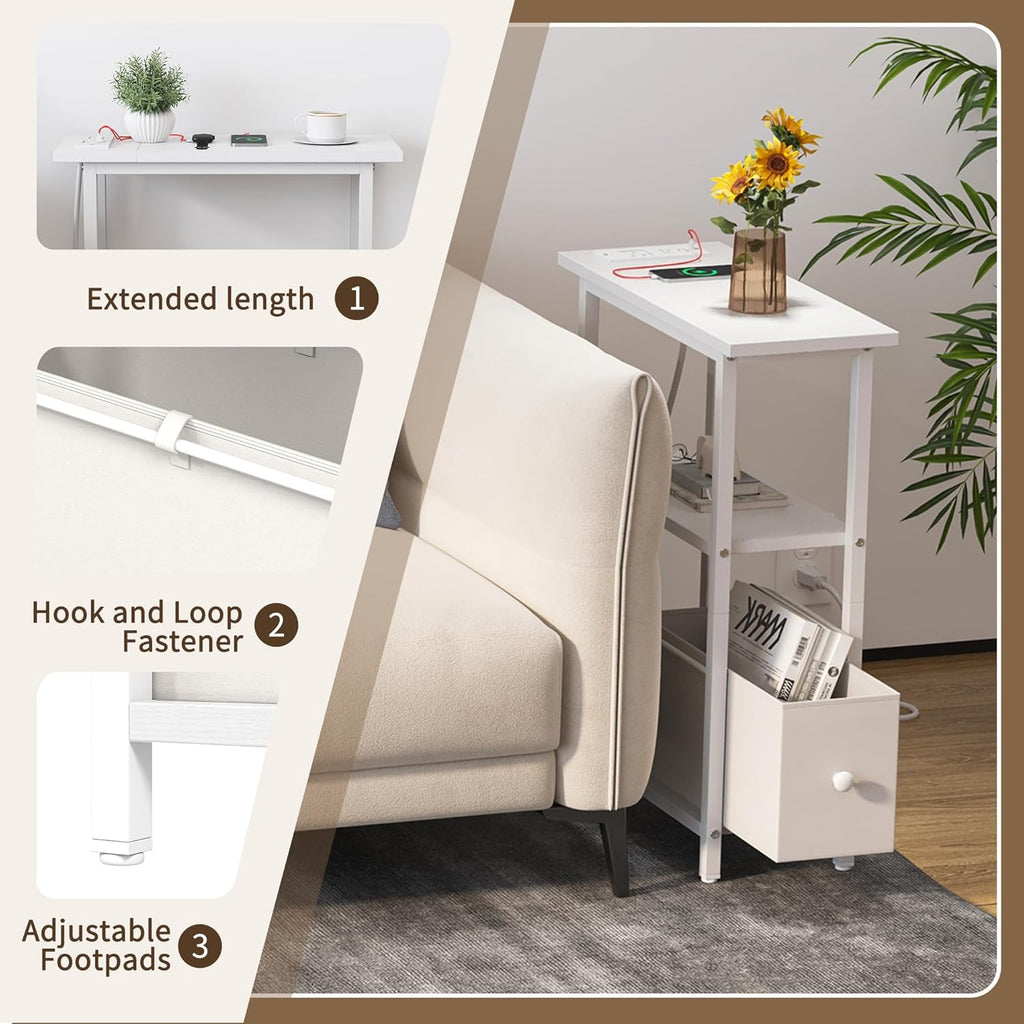 Narrow Side Table with Charging Station, Skinny End Table for Small Spaces, Thin Sofa Side Table with 1 Fabric Drawer, Slim Nightstand for Living Room, Bedroom, White