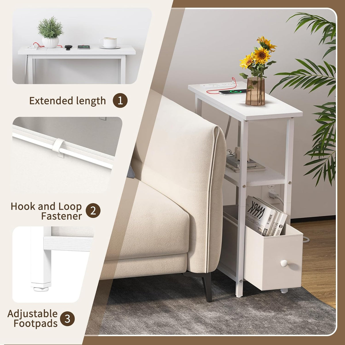 Narrow Side Table with Charging Station, Skinny End Table for Small Spaces, Thin Sofa Side Table with 1 Fabric Drawer, Slim Nightstand for Living Room, Bedroom, White