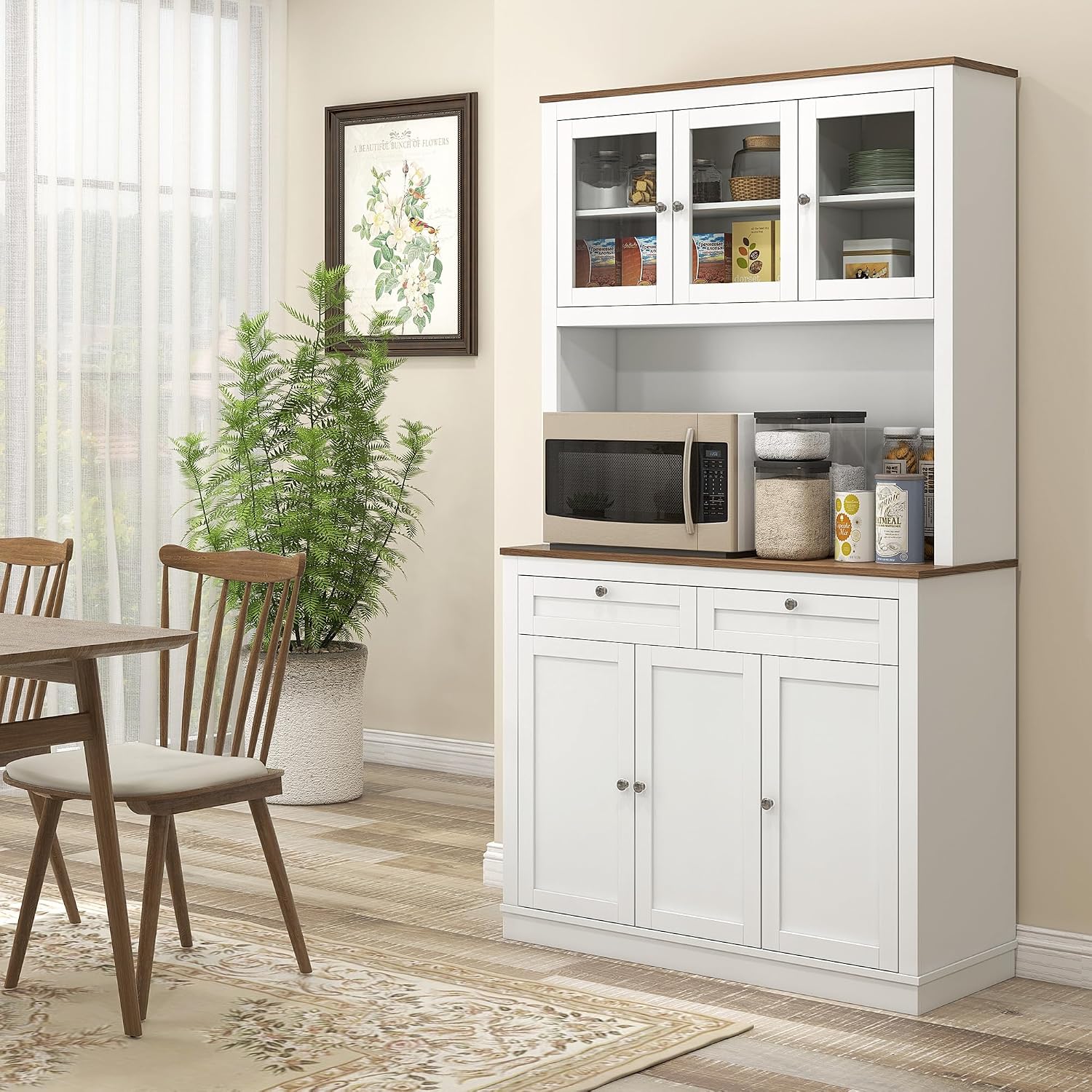 71" Tall Kitchen Pantry, Freestanding Kitchen Hutch Storage Cabinet with Glass Doors, 2 Drawers, Adjustable Shelves for Dining Room Kitchen
