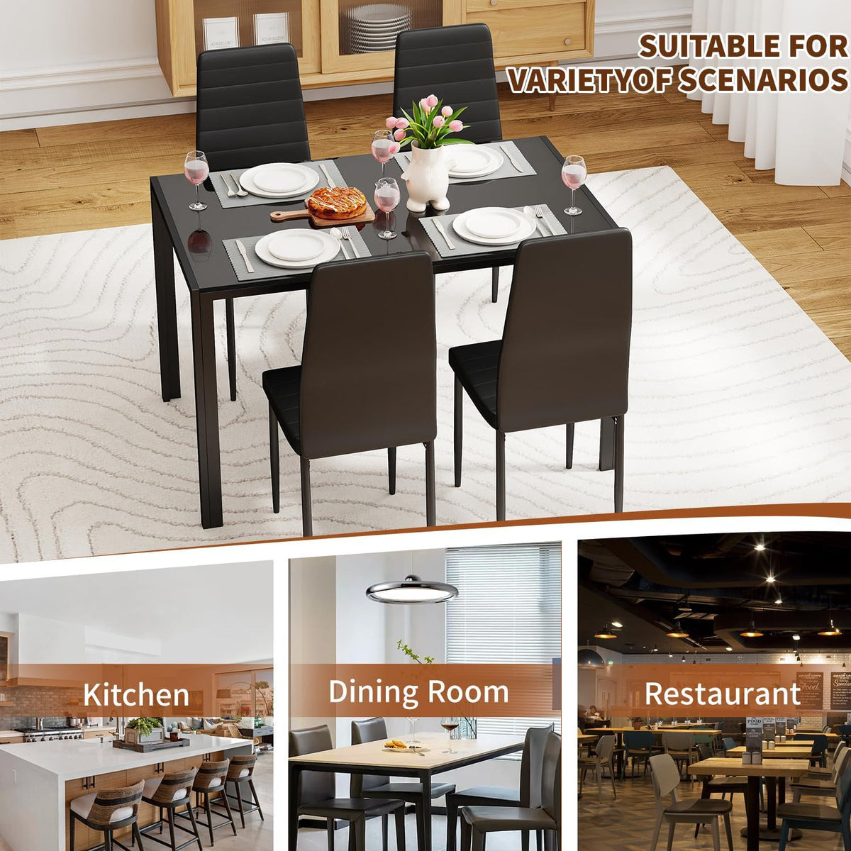 FDW | Dining Table Set for 4 | 5-Piece Glass Black Dining Table | Kitchen Table with 4 Upholstered Chairs and Faux Leather Cushions | Space-Saving and Modern Design | for Dining Room, Easy to Assemble