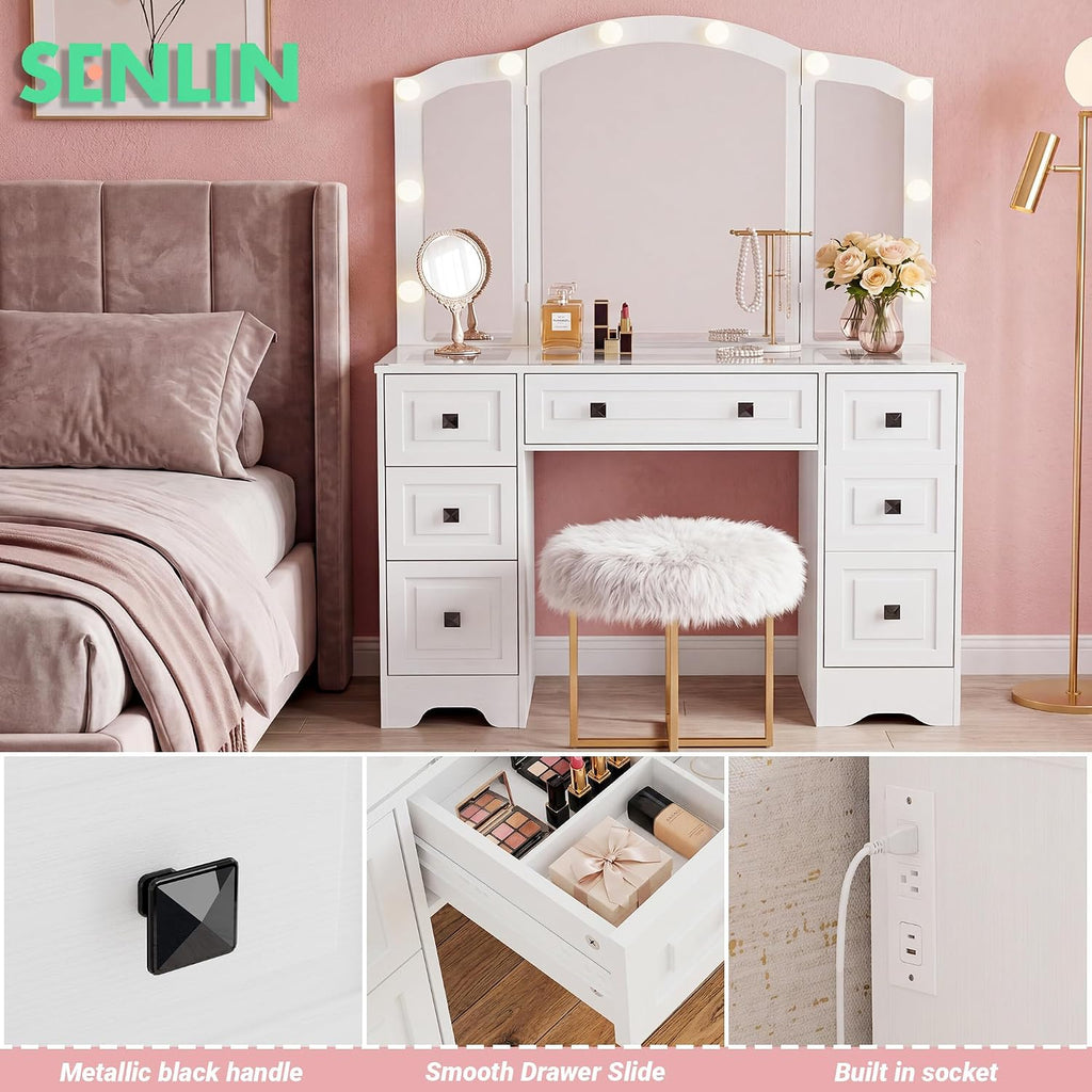 senlin Vintage Vanity with Lighted Mirror & Outlet (White) | Retro dressing table with 5 drawers and glass top. Third-fold lighted mirror for bedroom. Power outlet suitable for women.