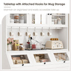 HIFIT 71.4” H Kitchen Hutch Pantry Cabinet with 3 Bread Boxes&7 Metal Hooks | Farmhouse Kitchen Hutch Cabinet with Storage and Glass Doors for Living Dining Room, Home Office, White