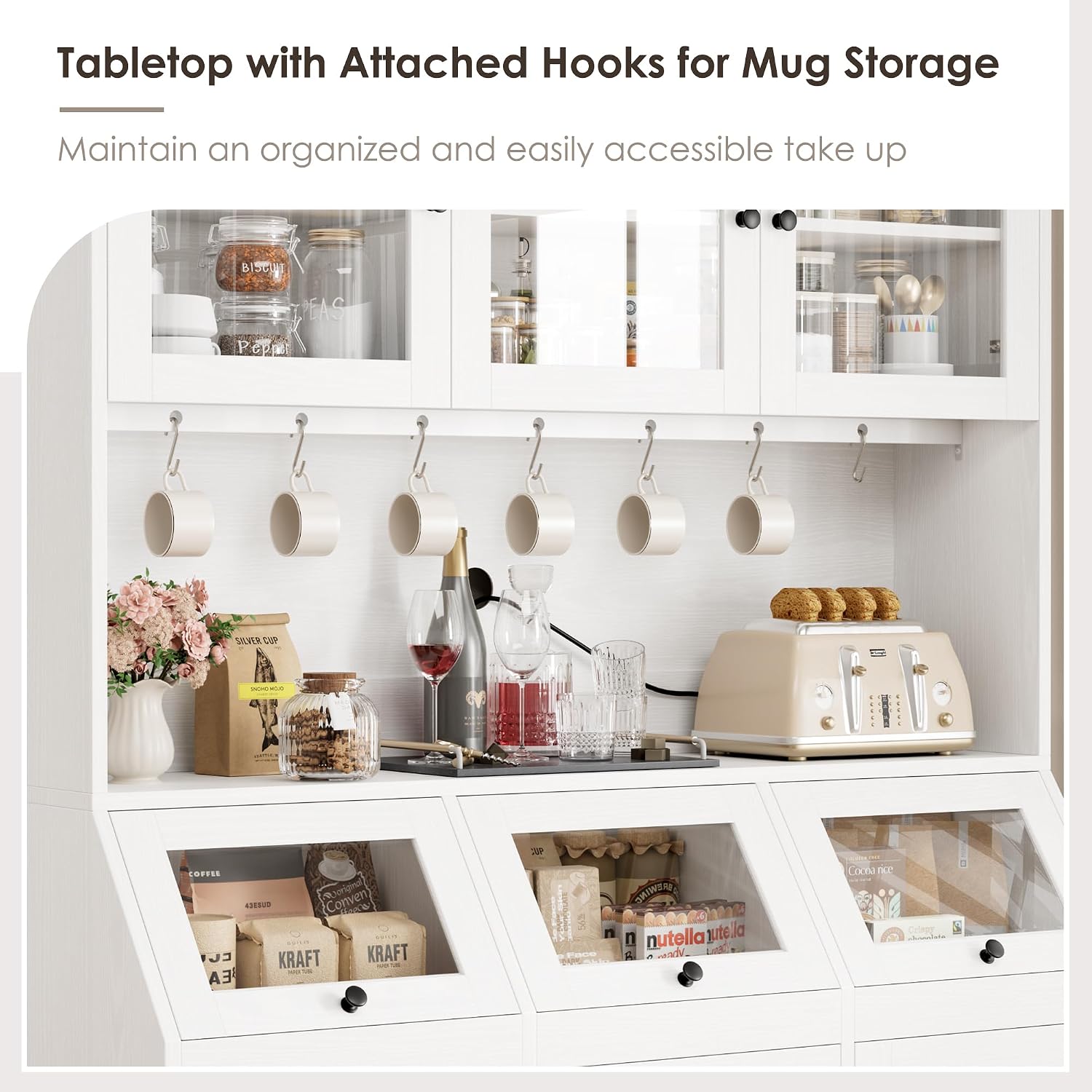 HIFIT 71.4” H Kitchen Hutch Pantry Cabinet with 3 Bread Boxes&7 Metal Hooks | Farmhouse Kitchen Hutch Cabinet with Storage and Glass Doors for Living Dining Room, Home Office, White