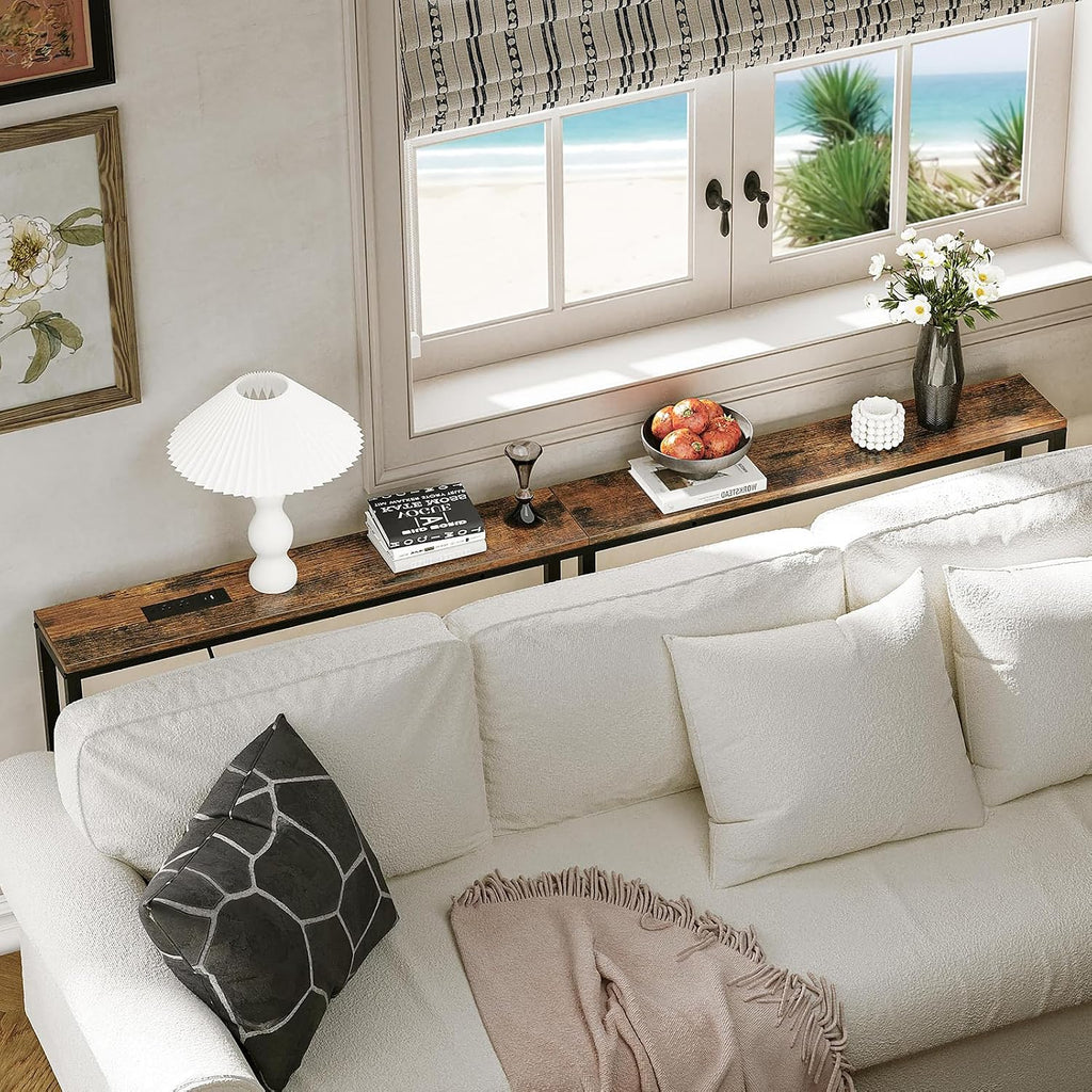 86.6" Behind Couch Table Adjustable Height 23.8~34.8" with Charging Station, 5.9" Narrow Console Table Skinny, Anti-Collision Pads, Anti-Tipping Kit for Living Room