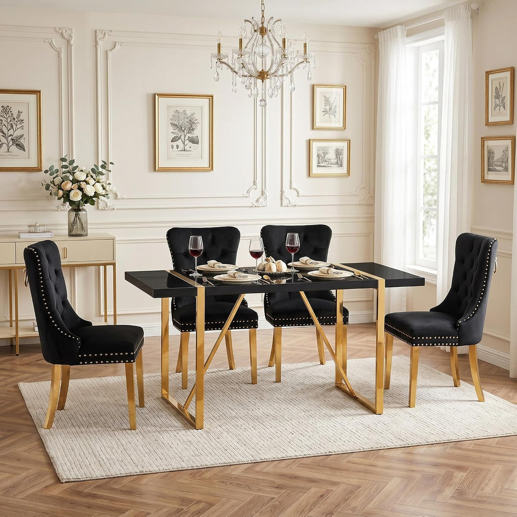 Black Dining Table Set for 4, 55" Black Glossy Top with Gold Metal Legs, Modern Dining Table Set for 4 & Velvet Tufted Chair with Gold Nailhead Trim, Luxry Kitchen Table Set Ideal for Dining Room,APT