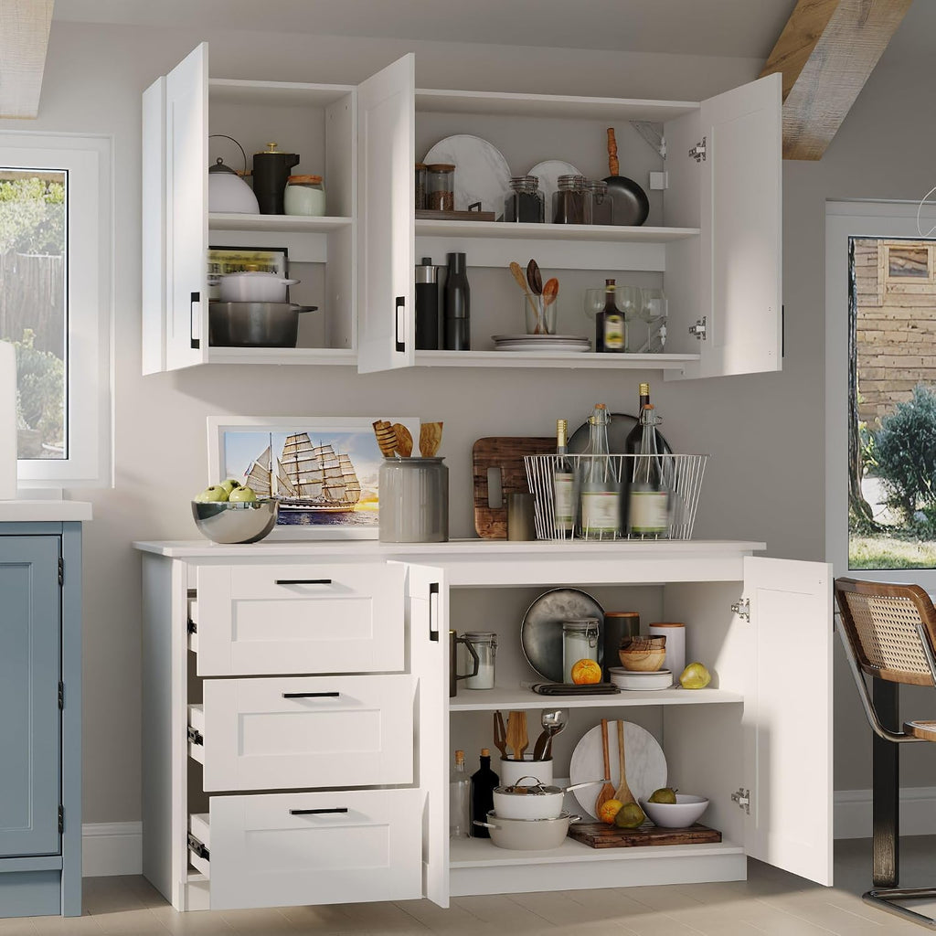 Timechee Modern Kitchen Pantry Storage Cabinet with Wall Cupboard Set, Large Pantry Cupboard Cabinet with Doors and Shelves, Drawers, Kitchen Storage Buffet Sideboard Set for Dining Room, Living Room