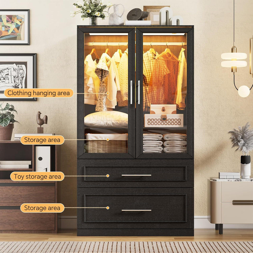 PAKASEPT Armoire Wardrobe Closet with Glass Door and Drawers, Bedroom Closet Wardrobe Cabinet with Hanging Rod, Lighted Freestanding Armoire Storage Cabinet for Bedroom Cloakroom