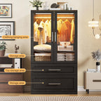 PAKASEPT Armoire Wardrobe Closet with Glass Door and Drawers, Bedroom Closet Wardrobe Cabinet with Hanging Rod, Lighted Freestanding Armoire Storage Cabinet for Bedroom Cloakroom