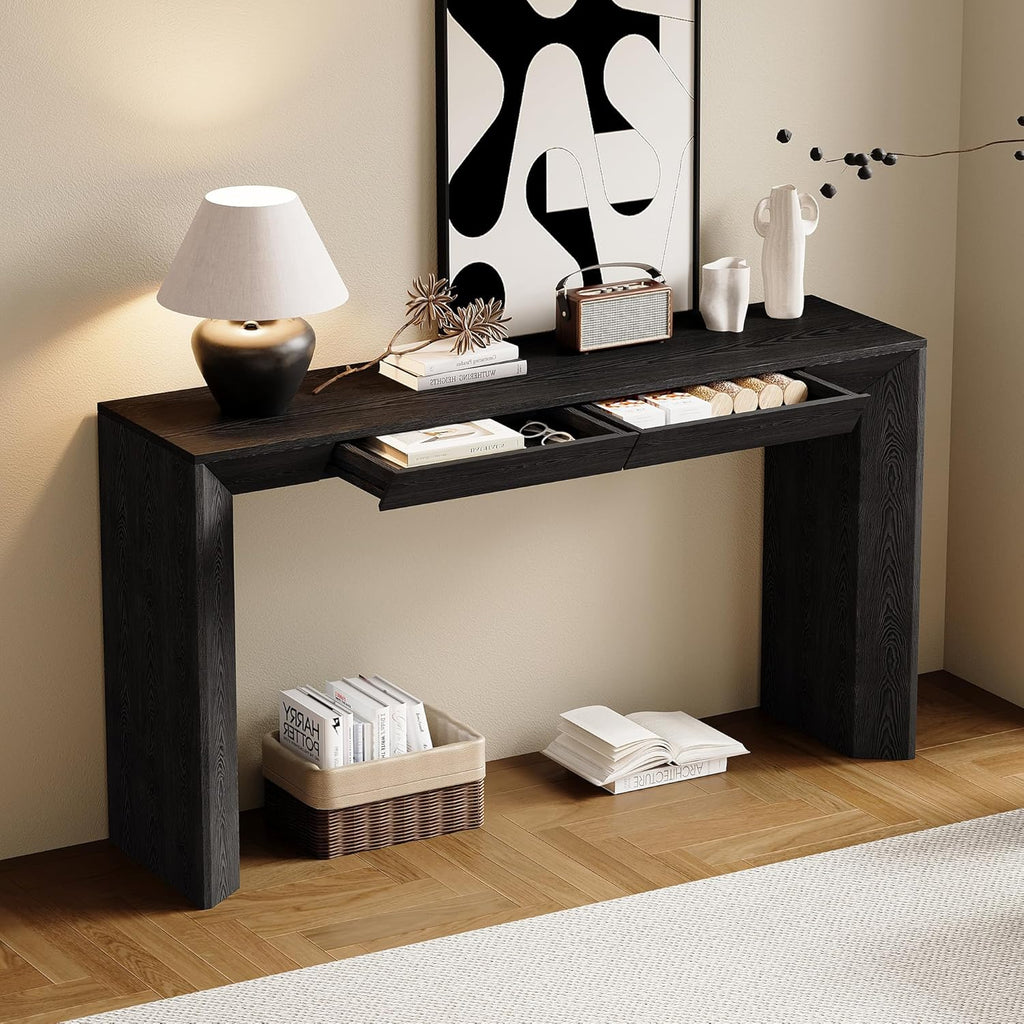 LKTART 60" Modern Farmhouse Console Table with 2 Drawers, Sofa Table Behind Sofa, Wooden Entryway Table for Living Room, Entryway & Foye,Black