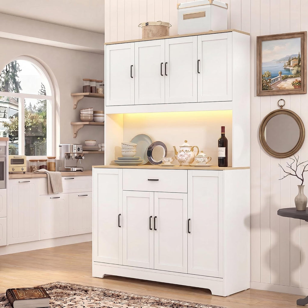 FUQARHY 71" Kitchen Pantry Storage Cabinet, Tall Kitchen Hutch with Charging Station, 55" Wide Large Food Pantry Storage Cabinet with LED Light, Drawers and Adjustable Shelf for Dining Room (White)