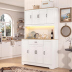 FUQARHY 71" Kitchen Pantry Storage Cabinet, Tall Kitchen Hutch with Charging Station, 55" Wide Large Food Pantry Storage Cabinet with LED Light, Drawers and Adjustable Shelf for Dining Room (White)