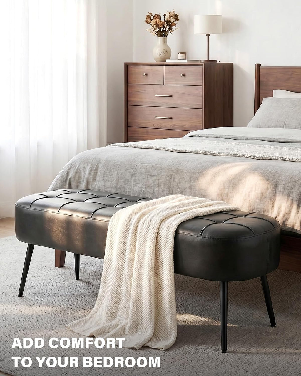 Entryway Bench, Modern PU Leather Upholstered End of Bed Bench Black | 43.7" Shoe Bench with Tufted Seat, 660 lb Capacity, Sturdy Metal Legs, Mid-Century Style, For Hallway, Living Room, Bedroom