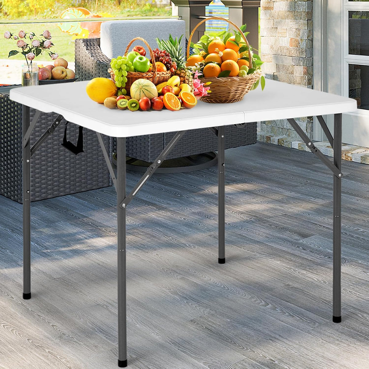 34" Square Folding Card Table, Fold-in-Half Utility Dining Portable Tables Heavy Duty HDPE Plastic Foldable Table with Carrying Handle Indoor Outdoor for Picnic, Camping, Party, White