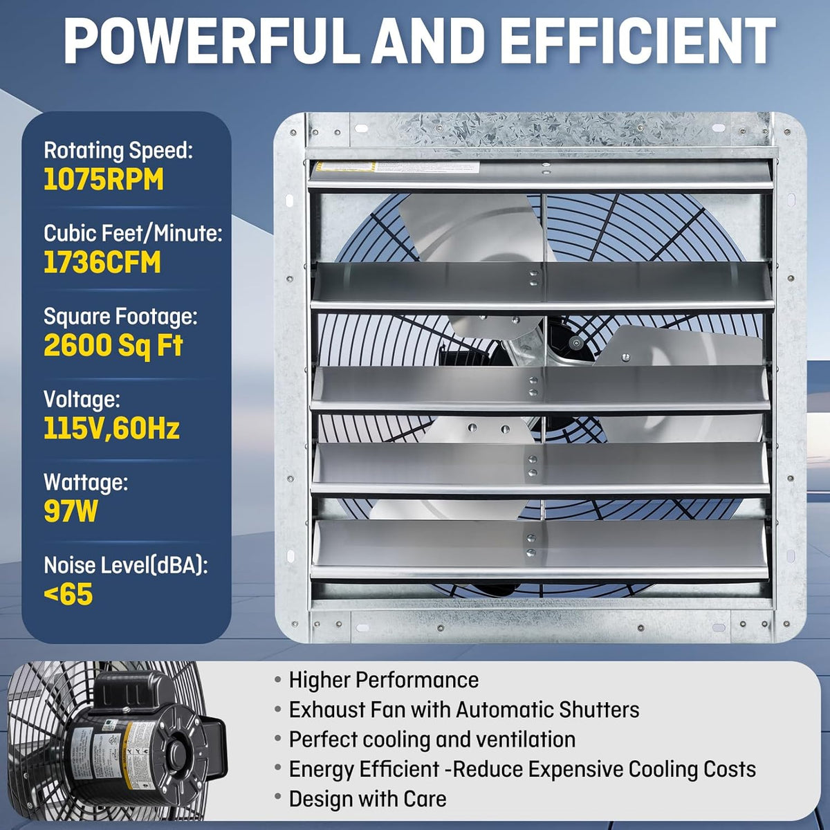 iLIVING 18" Wall Mounted Shutter Exhaust Fan, Automatic Shutter, with Thermostat and Variable Speed controller, 0.85A, 1736 CFM, 2600 SQF Coverage Area Silver (ILG8SF18V-ST)