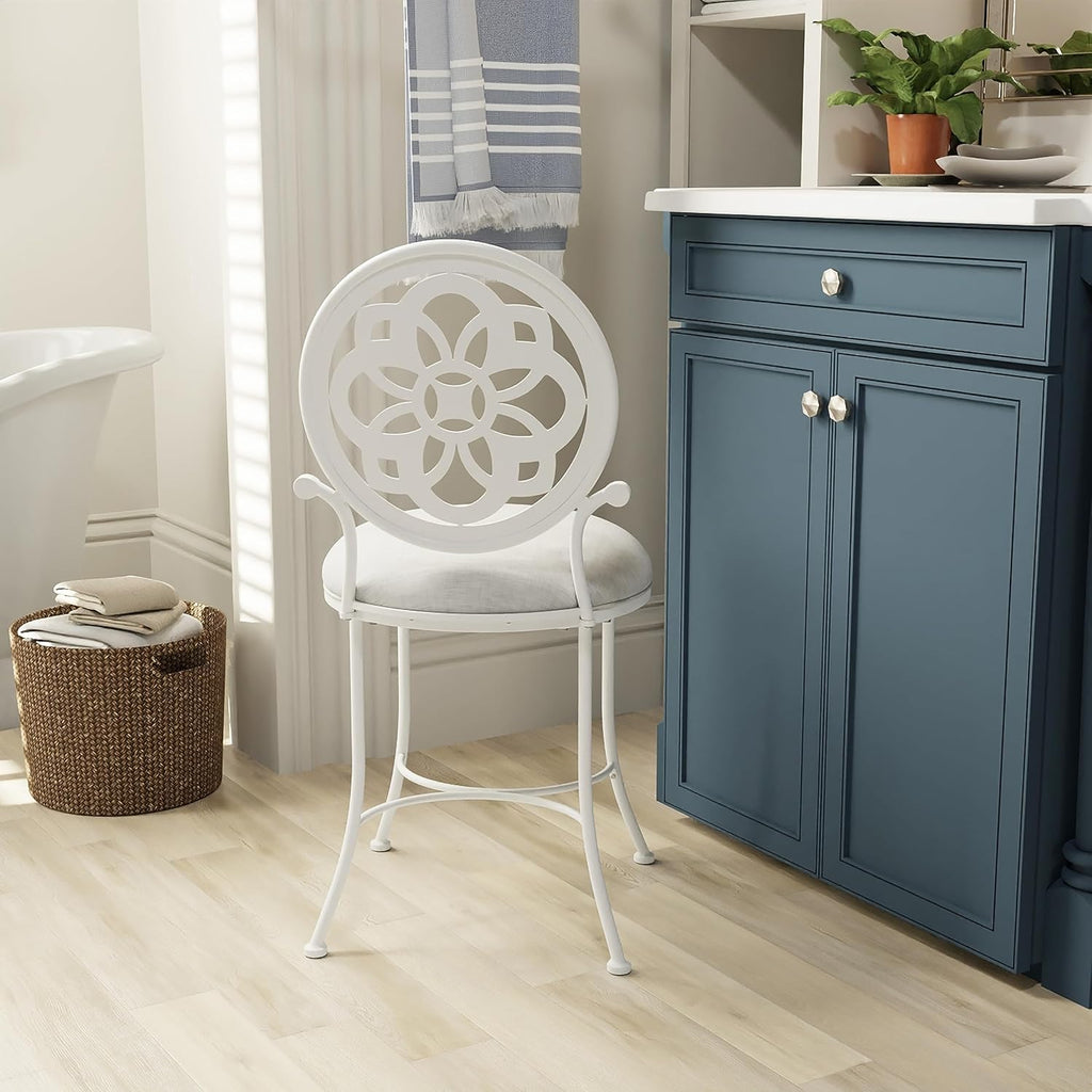 Hillsdale Marsala Metal Vanity Stool with a Circular Geometric Back Design, Off White