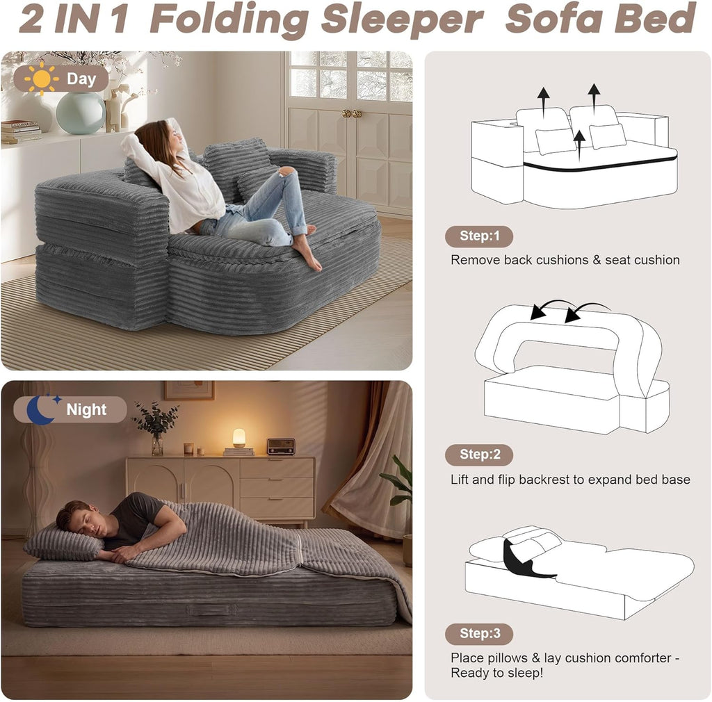 75'' Folding Sleeper Sofa Bed, Memory Foam Fold Out Couch, Foldable Full Size Guest Bed Mattress, Modern 2-in-1 Floor Deep Seat Sleeper Sofa with 4 Pillows and Blanket (Corduroy, Gray)