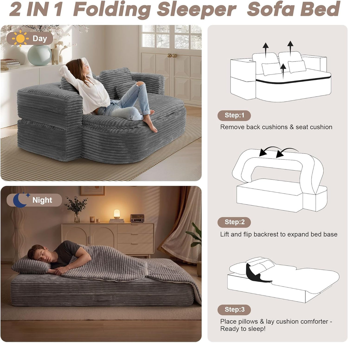 75'' Folding Sleeper Sofa Bed, Memory Foam Fold Out Couch, Foldable Full Size Guest Bed Mattress, Modern 2-in-1 Floor Deep Seat Sleeper Sofa with 4 Pillows and Blanket (Corduroy, Gray)