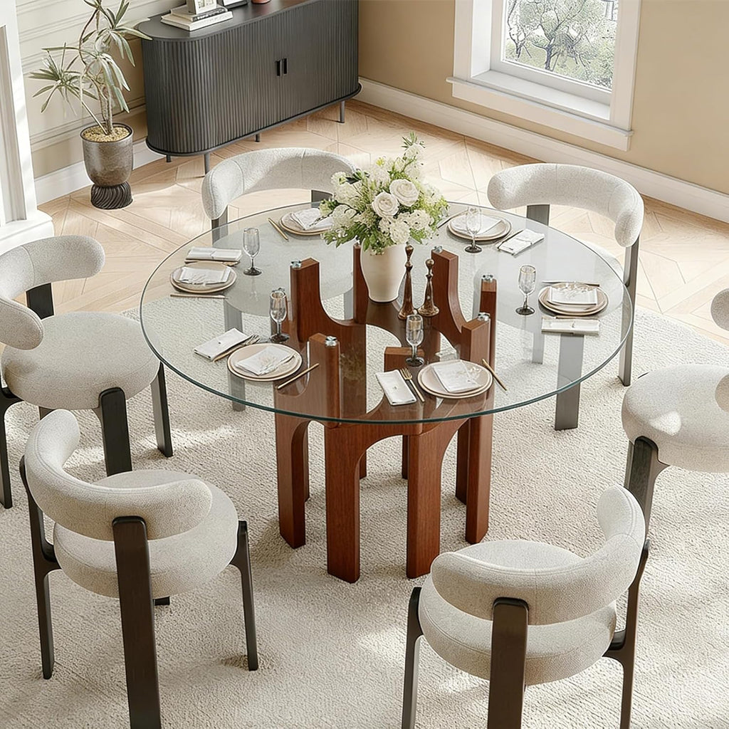 Round Glass Dining Table for 4-6, Modern 46-Inch Kitchen Table with Sturdy Pedestal Base & Clear Tempered Glass Top, Circle Dinner Table for Dining Room, Living Room & Small Apartment (Walnut)