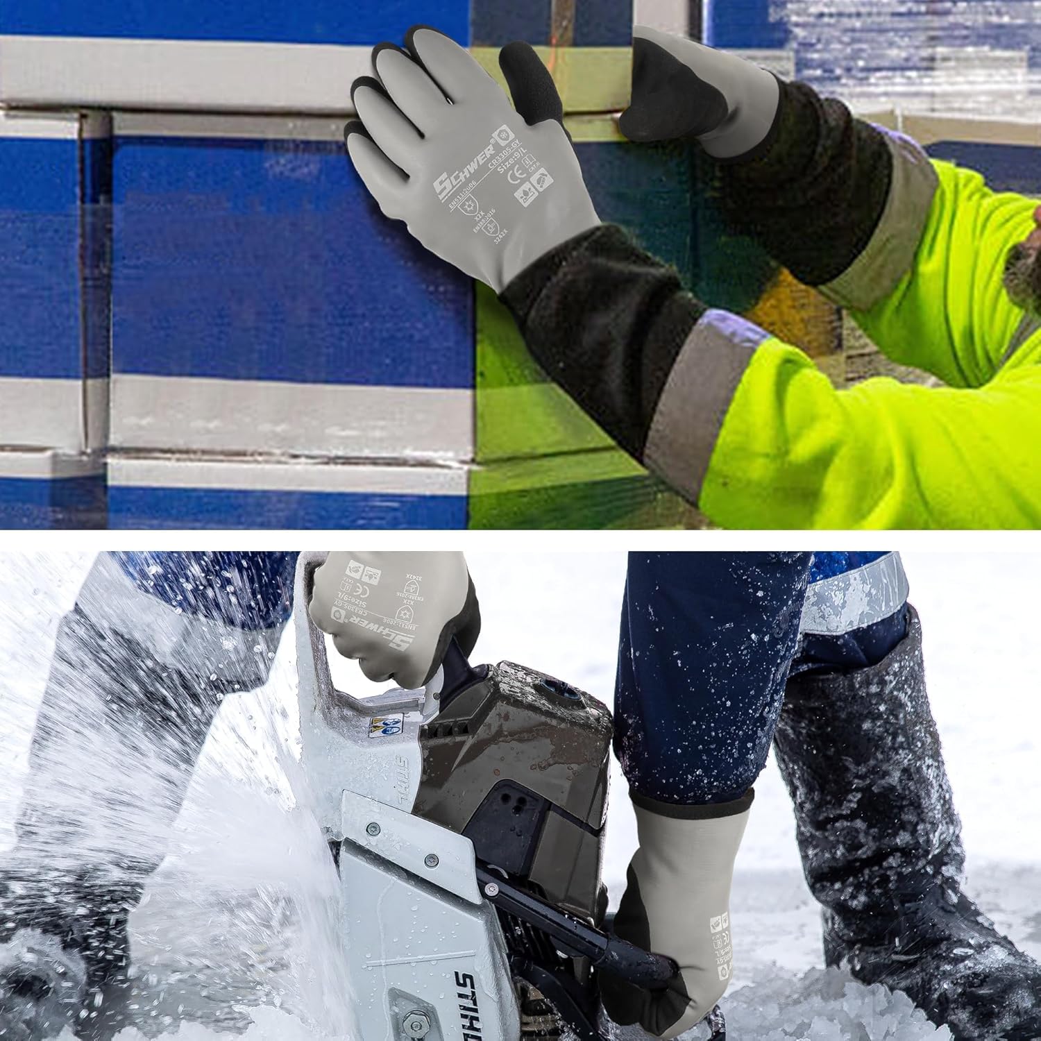 Schwer 2 Pairs 100% Waterproof Winter Work Gloves, ANSI A2 Cut Resistant Freezer Gloves for Outdoor Cold Weather Keep Hands Warm, Enhanced Warmth & Durability, for Shoveling Snow, Ice Fishing, M