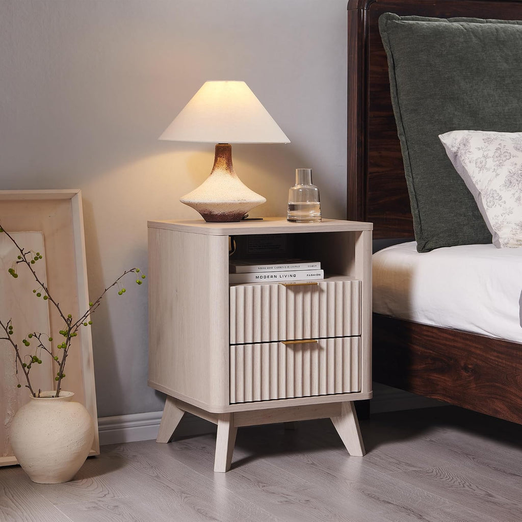 T4TREAM 18" Fluted Nightstand with 2 Drawers Set of 2, White Alder | Charging Station, Open Cubby, Mid Century Modern, Curved Profile, Metal Handles, Smooth Slides, Cable Cutout, Living Room