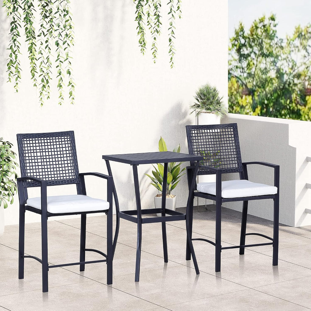 Patio Bar Set, 3 PCS Rattan Wicker Outdoor Furniture Set with Cushioned Stools and Table, Backyard Bistro Dining Set for Lawn Deck Poolside Porch Garden