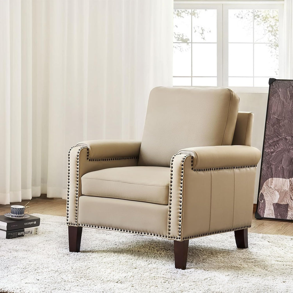 HULALA HOME Genuine Leather Accent Chair Set of 2 with Nailhead Trim, Beige | Mid-Century Modern Armchair with Solid Wood Legs, Rolled Arms, and Removable Cushion