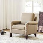 HULALA HOME Genuine Leather Accent Chair Set of 2 with Nailhead Trim, Beige | Mid-Century Modern Armchair with Solid Wood Legs, Rolled Arms, and Removable Cushion