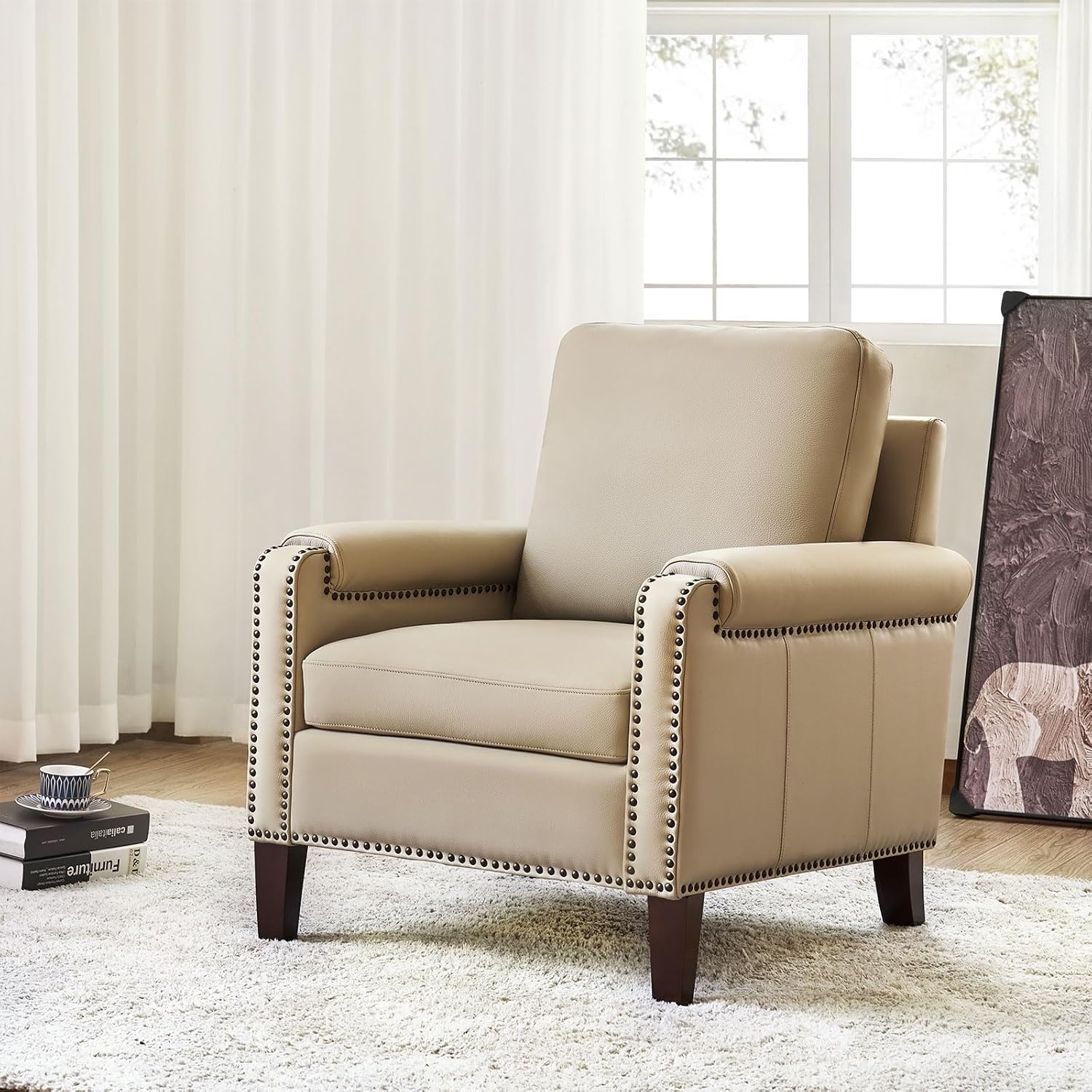 HULALA HOME Genuine Leather Accent Chair Set of 2 with Nailhead Trim, Beige | Mid-Century Modern Armchair with Solid Wood Legs, Rolled Arms, and Removable Cushion